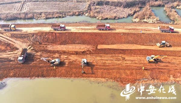 12月10日，安徽省全椒县新河东堤，工程车辆正在进行堤防加固（无人机照片）。 (5).JPG