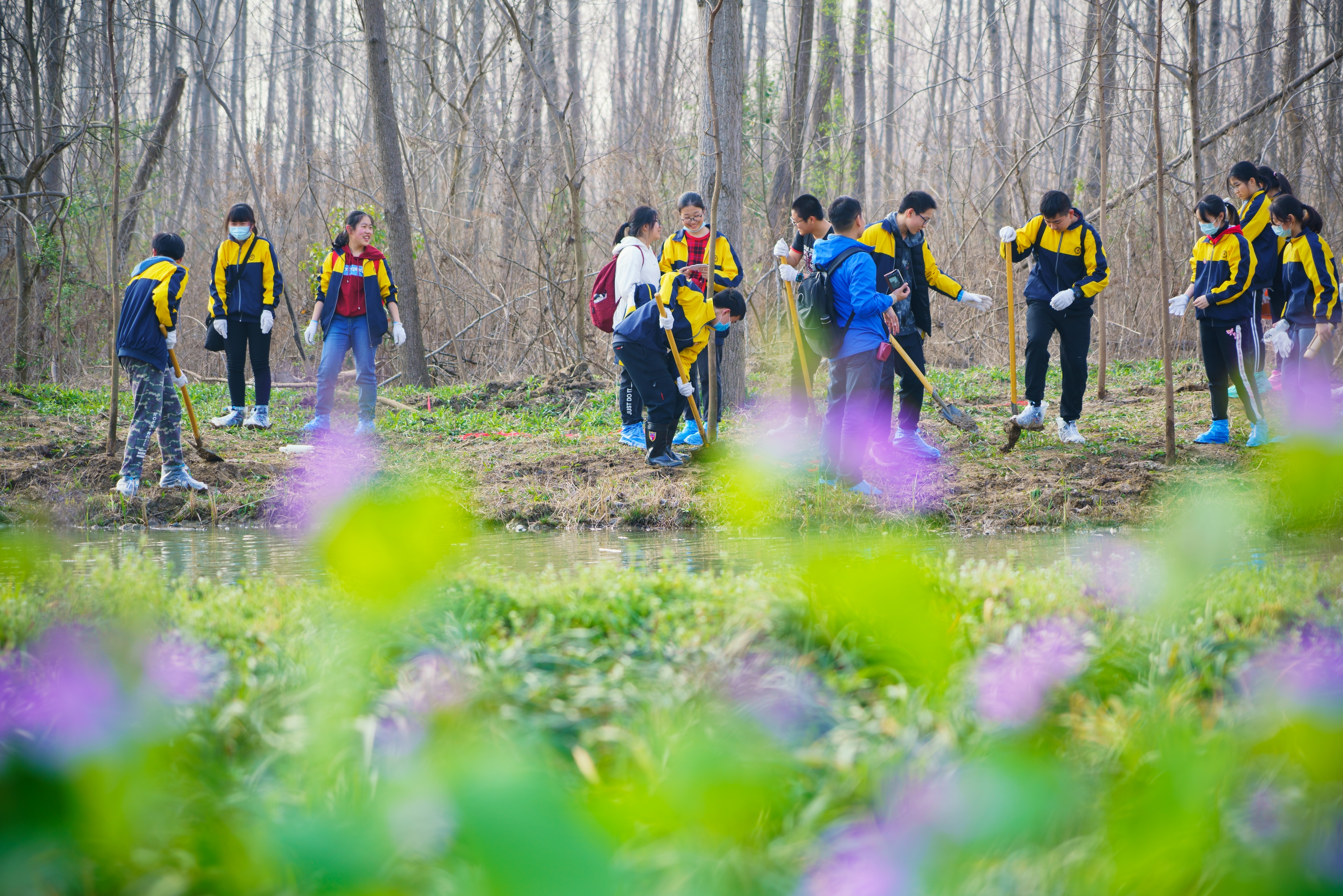 2021年3月12日是植树节，合肥天气转晴，春光明媚。在滨湖国家森林公园，不少学生志愿者穿着校服前来义务植树，翻土、挑水各司其职，在公园中忙得不亦乐乎。.jpg